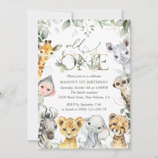 Jungle Animals, Safari, Wild One, First Birthday 招待状 (正面)