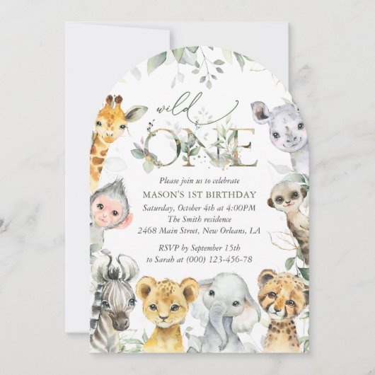Jungle Animals, Safari, Wild One, First Birthday 招待状 (正面)
