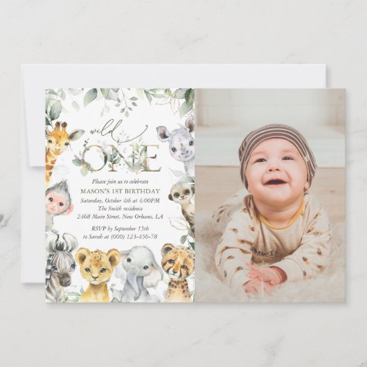 Jungle Animals, Safari, Wild One, First Birthday 招待状 (正面)
