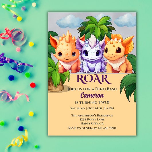 Jungle Dinosaur Dino Bash 2nd birthday Party 招待状