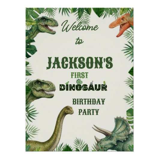 Jungle Dinosaur Roar Welcome Birthday Sign ポスター (正面)
