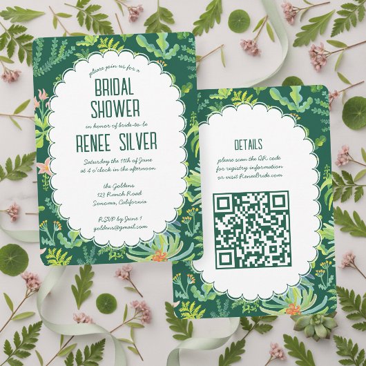 Jungle Garden Watercolor Custom QR  BRIDAL SHOWER 招待状