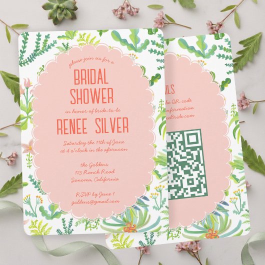 Jungle Garden Watercolor Custom QR  BRIDAL SHOWER 招待状