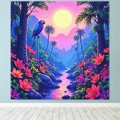 Jungle Moon Blue Parrot Paradise キャンバスプリント (インサイチュ (ウッドフロア))