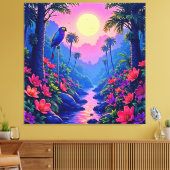 Jungle Moon Blue Parrot Paradise キャンバスプリント (インサイチュ (リビング))