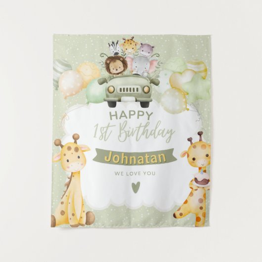 Jungle Pastel 1st Birthday Cute Giraffe Backdrop タペストリー (正面)