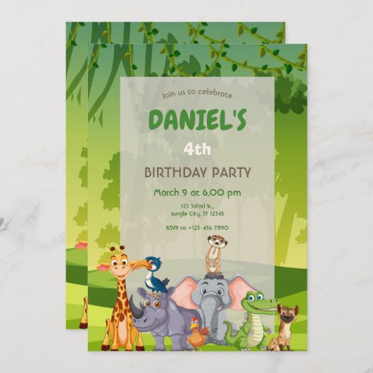 Jungle Safari Animals Birthday Party 招待状 (正面/裏面)