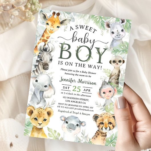 Jungle Safari Animals Boy Baby Shower Tropical 招待状