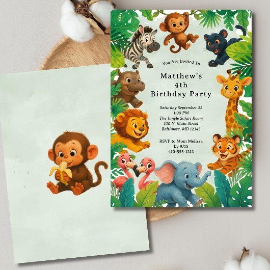 Jungle Safari Animals Boys Kids Toddler Birthday  招待状
