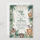 Jungle Safari Animals Five Wild Boy 5th Birthday  招待状 (正面)