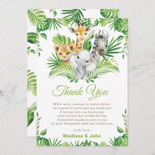 Jungle Safari Animals Greenery Neutral Baby Shower サンキューカード (正面/裏面)