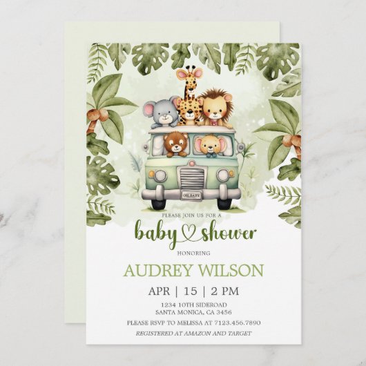 Jungle Safari Animals in Car 招待状 (正面/裏面)