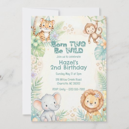 Jungle Safari Animals Two Wild Second Birthday  招待状 (正面)