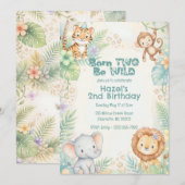 Jungle Safari Animals Two Wild Second Birthday  招待状 (正面/裏面)