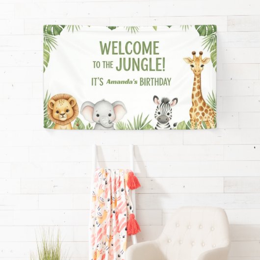 Jungle Safari Animals Welcome Birthday Banner 横断幕 (インサイチュ)