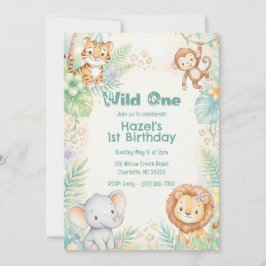 Jungle Safari Animals Wild One 1st Birthday  招待状