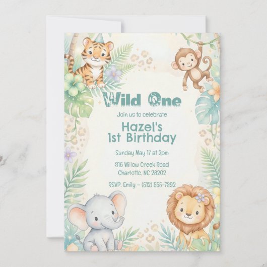 Jungle Safari Animals Wild One 1st Birthday  招待状 (正面)