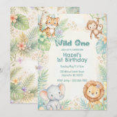 Jungle Safari Animals Wild One 1st Birthday  招待状 (正面/裏面)