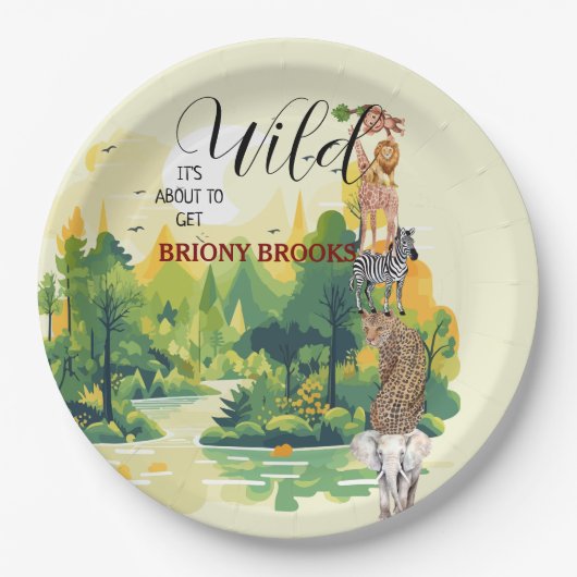Jungle Safari "It's About To Get Wild" Baby Shower ペーパープレート (正面)