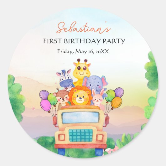 Jungle Safari Ride Theme 1st Birthday ラウンドシール (正面)