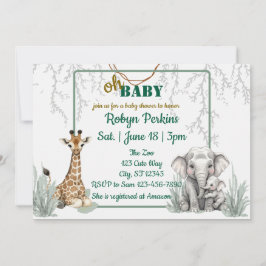 Jungle Watercolor Giraffe Elephant baby shower 招待状