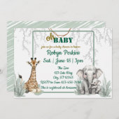 Jungle Watercolor Giraffe Elephant baby shower 招待状 (正面/裏面)