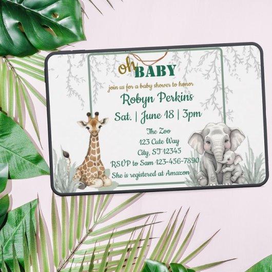 Jungle Watercolor Giraffe Elephant baby shower 招待状