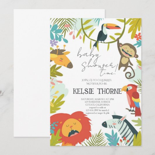 Jungle Wildlife Baby Shower 招待状 (正面/裏面)