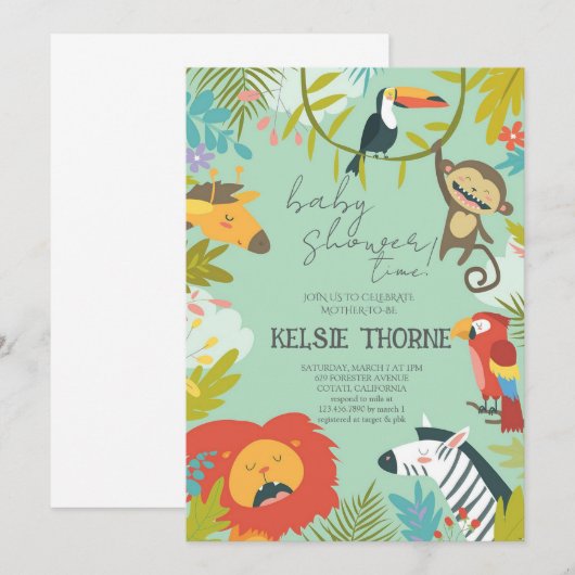 Jungle Wildlife Baby Shower 招待状 (正面/裏面)