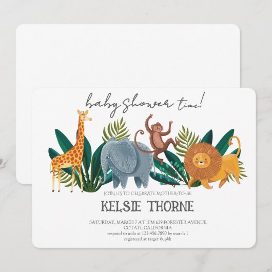 Jungle Wildlife Baby Shower 招待状 (正面/裏面)