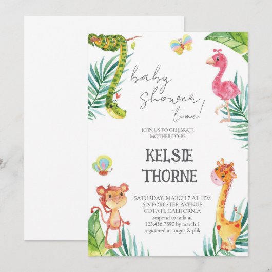 Jungle Wildlife Baby Shower 招待状 (正面/裏面)