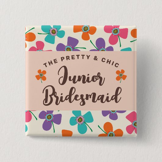 JUNIOR BRIDESMAIDおもしろいポップ・アートのデイジー結婚の名前タグ 缶バッジ (正面)