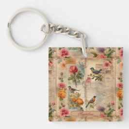 Junk Journal Seite mit Blumen + Vögel -  キーホルダー