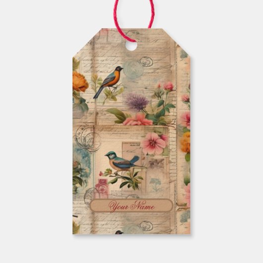 Junk Journal Seite mit Blumen + Vögel -  ギフトタグ (裏面)
