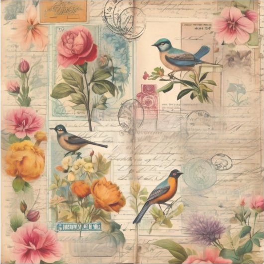 Junk Journal Seite mit Blumen + Vögel -  シール (正面)
