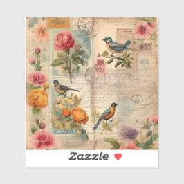Junk Journal Seite mit Blumen + Vögel -  シール