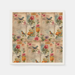 Junk Journal Seite mit Blumen + Vögel -  スタンダードカクテルナプキン
