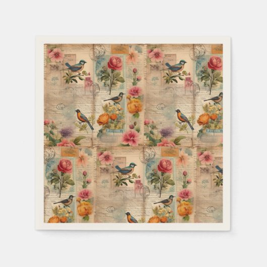Junk Journal Seite mit Blumen + Vögel - スタンダードカクテルナプキン (正面)