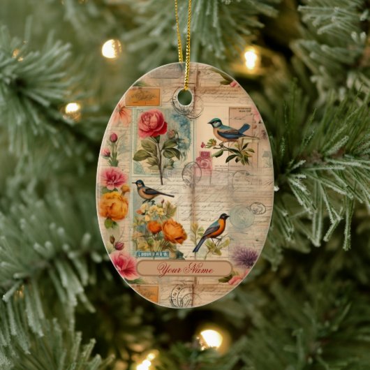 Junk Journal Seite mit Blumen + Vögel -  セラミックオーナメント (ツリー)