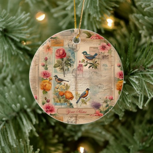 Junk Journal Seite mit Blumen + Vögel -  セラミックオーナメント (ツリー)