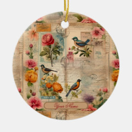 Junk Journal Seite mit Blumen + Vögel -  セラミックオーナメント