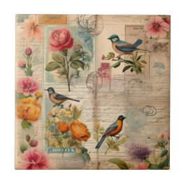 Junk Journal Seite mit Blumen + Vögel -  タイル