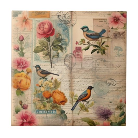 Junk Journal Seite mit Blumen + Vögel -  タイル (正面)