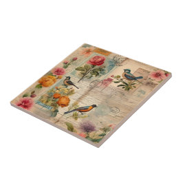 Junk Journal Seite mit Blumen + Vögel -  タイル