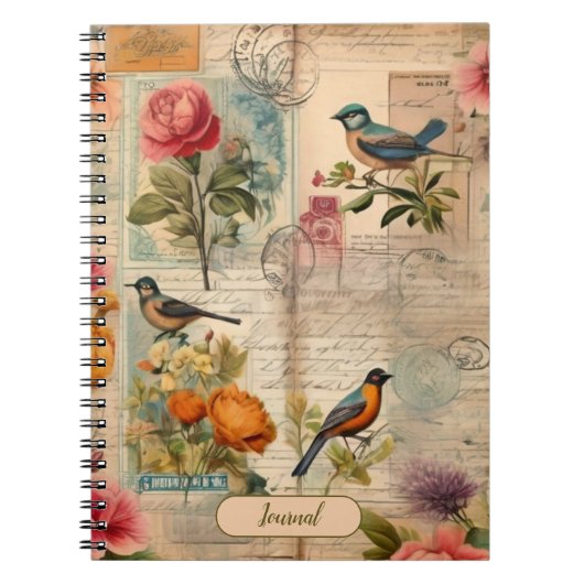 Junk Journal Seite mit Blumen + Vögel -  ノートブック (正面)