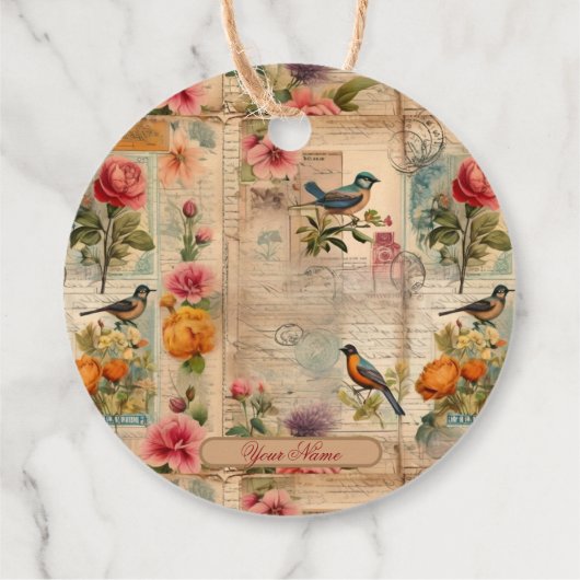 Junk Journal Seite mit Blumen + Vögel -  フェイバータグ (裏面)