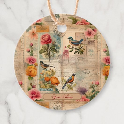 Junk Journal Seite mit Blumen + Vögel -  フェイバータグ (正面)