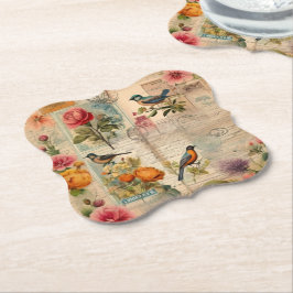 Junk Journal Seite mit Blumen + Vögel -  ペーパーコースター