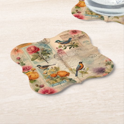 Junk Journal Seite mit Blumen + Vögel - ペーパーコースター (アングル)