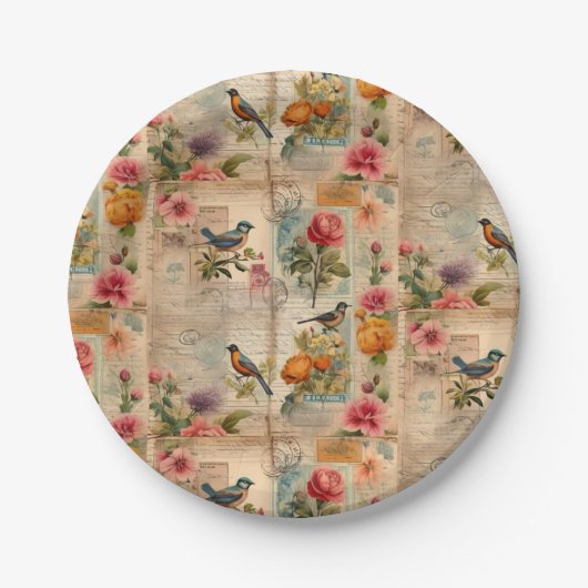 Junk Journal Seite mit Blumen + Vögel -  ペーパープレート (正面)